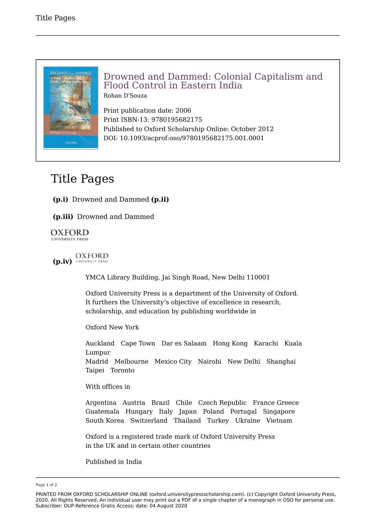 Drowned and Dammed: Colonial Capitalism and Flood Control in Eastern India by Rohan D'Souza