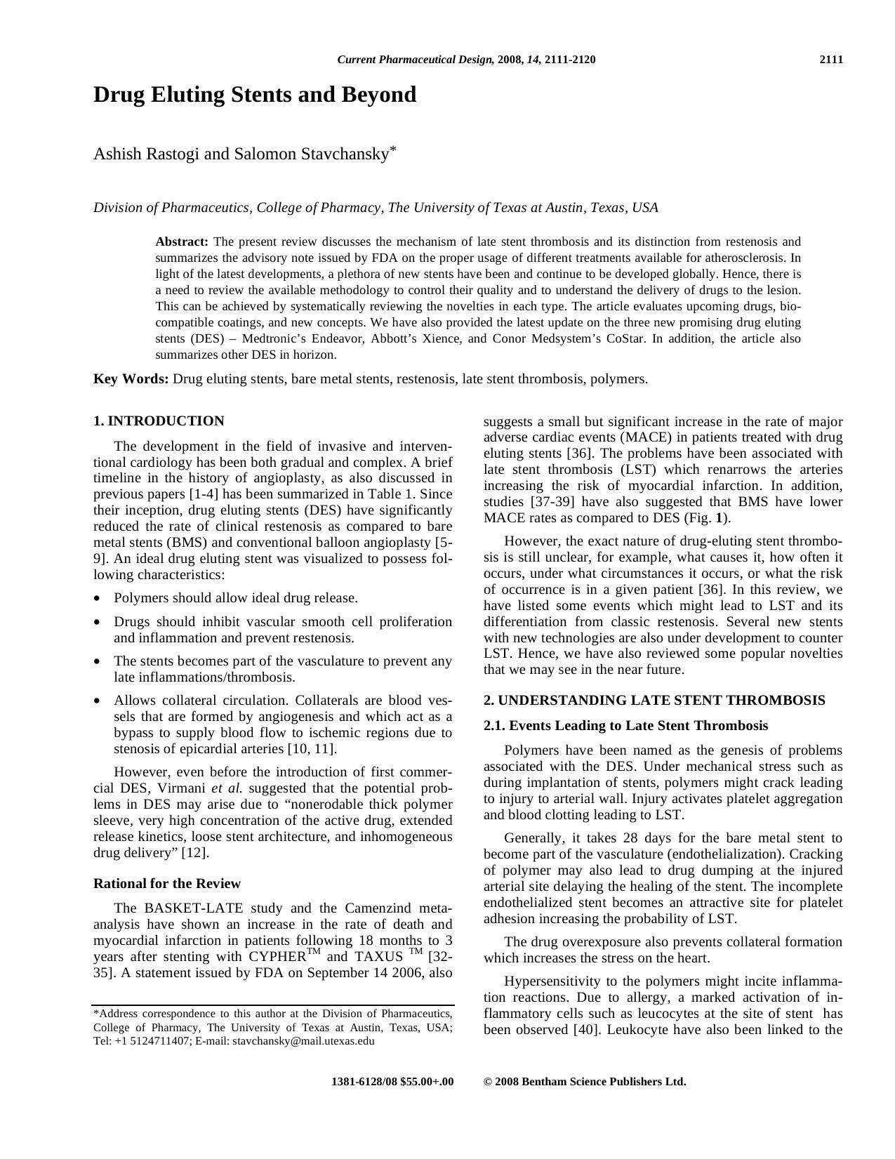 Drug Eluting Stents and Beyond by Ashish Rastogi ; Salomon Stavchansky