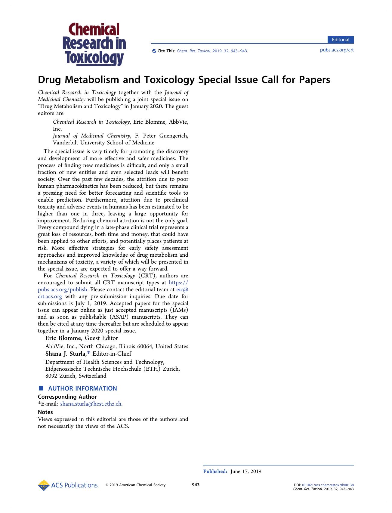 Drug Metabolism and Toxicology Special Issue Call for Papers by Eric Blomme and Shana J. Sturla