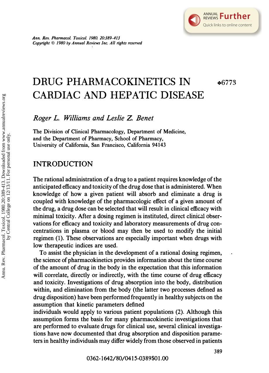 Drug Pharmacokinetics in Cardiac and Hepatic Disease by R L Williams & L Z Benet
