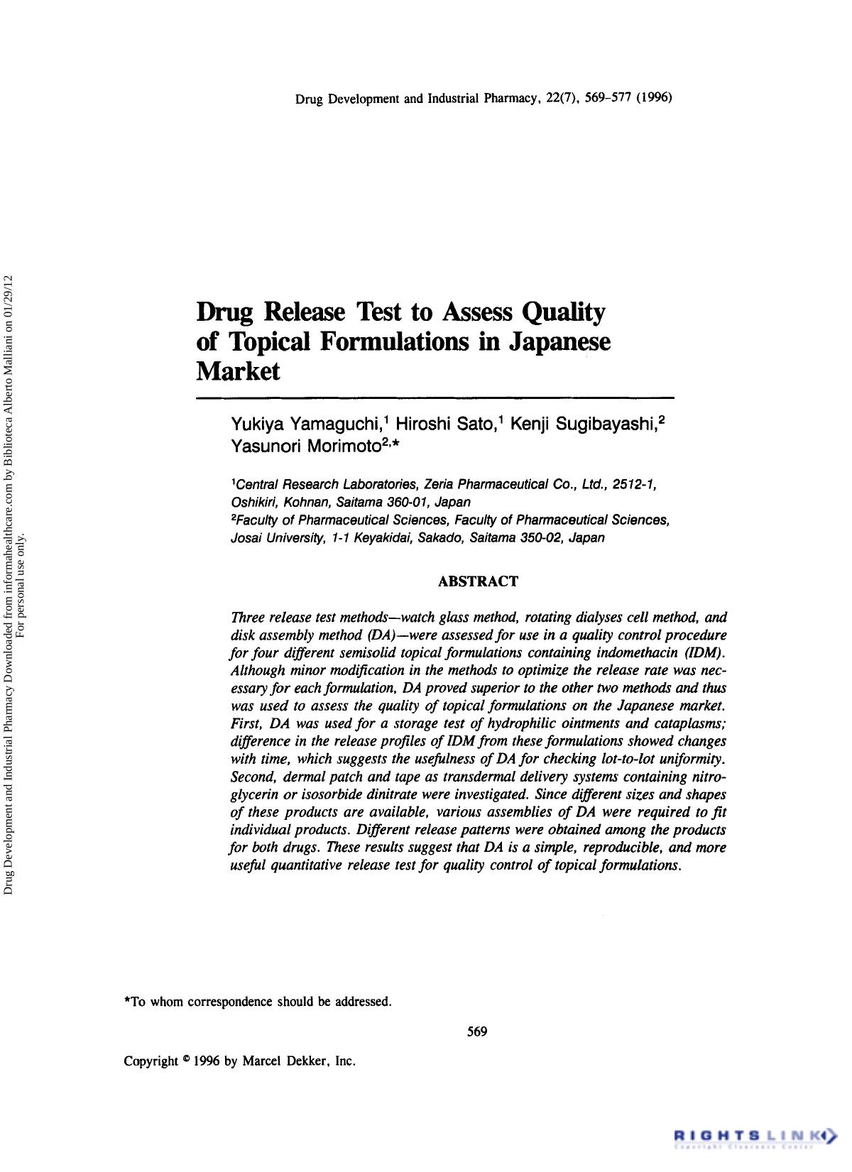 Drug Release Test to Assess Quality of Topical Formulations in Japanese Market by Yukiya Yamaguchi Hiroshi Sato Kenji Sugibayashi & Yasunori Morimoto