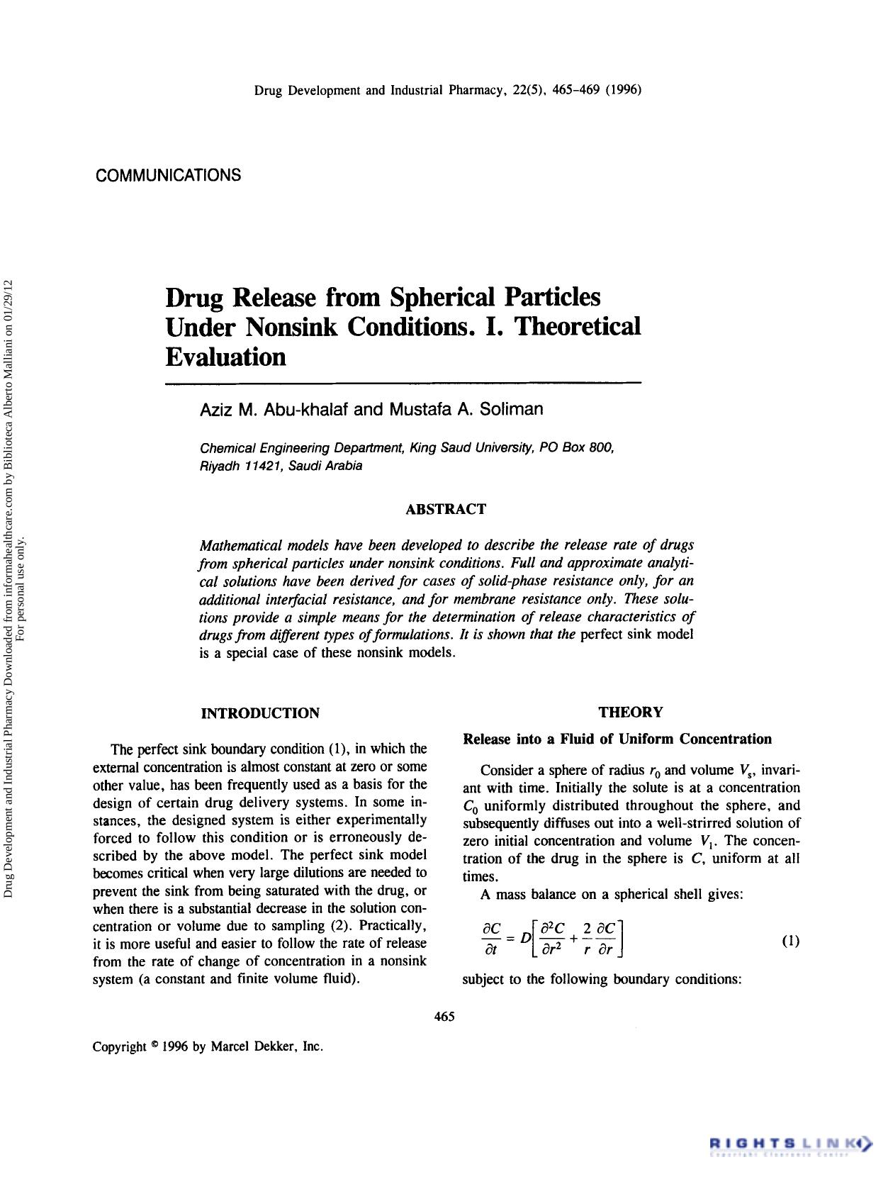 Drug Release from Spherical Particles Under Nonsink Conditions. I. Theoretical Evaluation by Aziz M. Abu-Khalaf & Mustafa A. Soliman