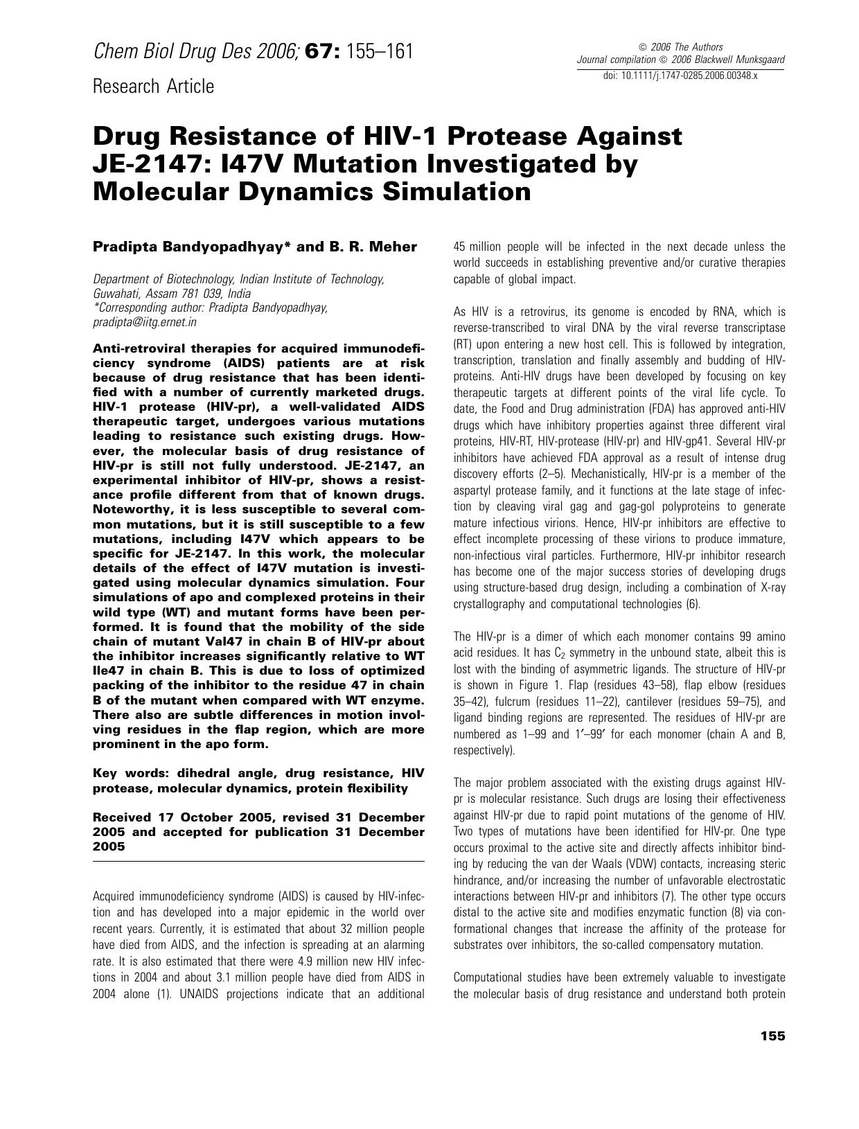 Drug Resistance of HIV-1 Protease Against JE-2147: I47V Mutation Investigated by Molecular Dynamics Simulation by unknow