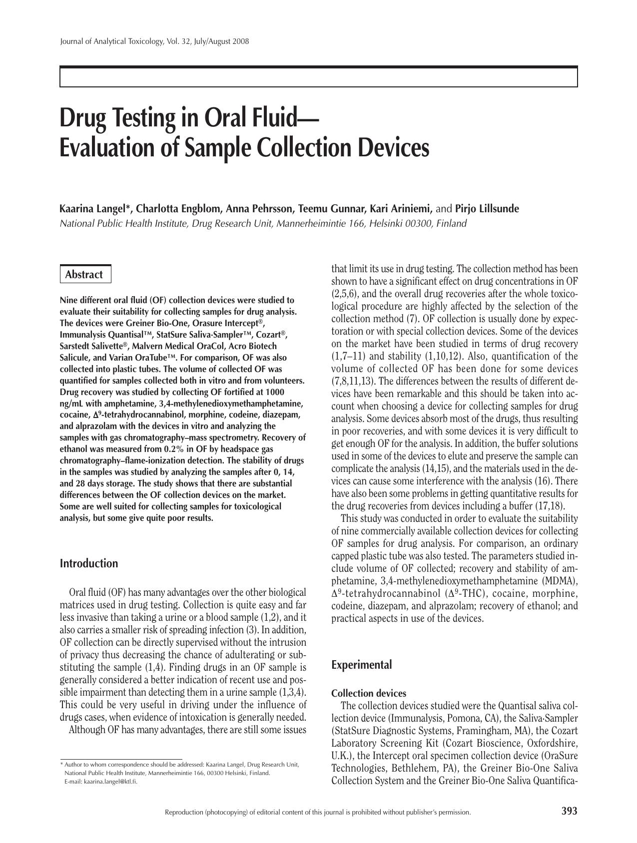 Drug Testing in Oral Fluid--Evaluation of Sample Collection Dev by Kaarina Langel