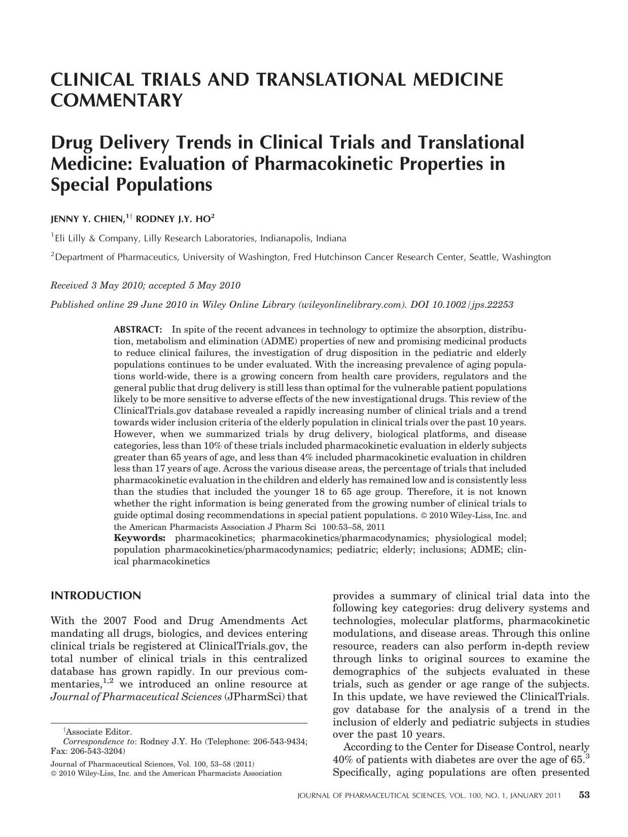 Drug delivery trends in clinical trials and translational medicine: Evaluation of pharmacokinetic properties in special populations by Unknown