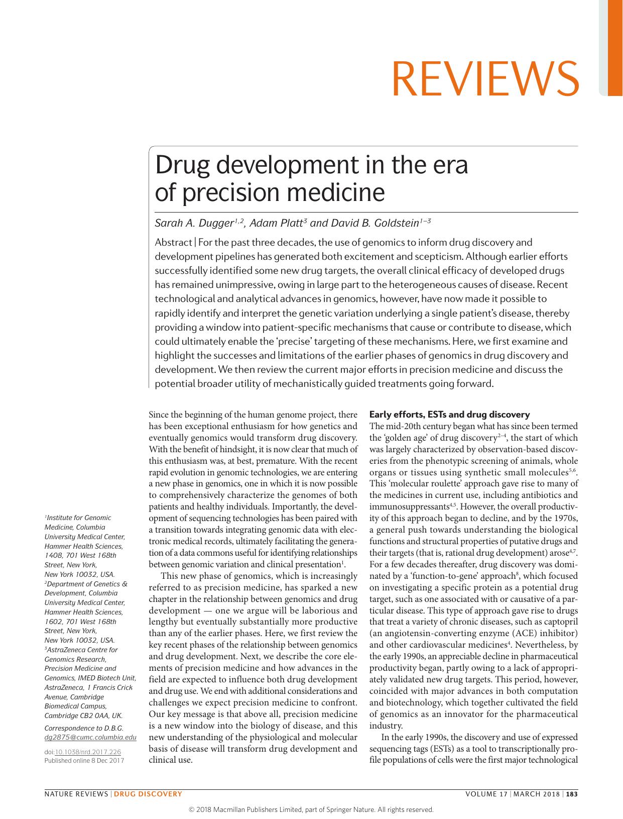 Drug development in the era of precision medicine by Sarah A. Dugger & Adam Platt & David B. Goldstein