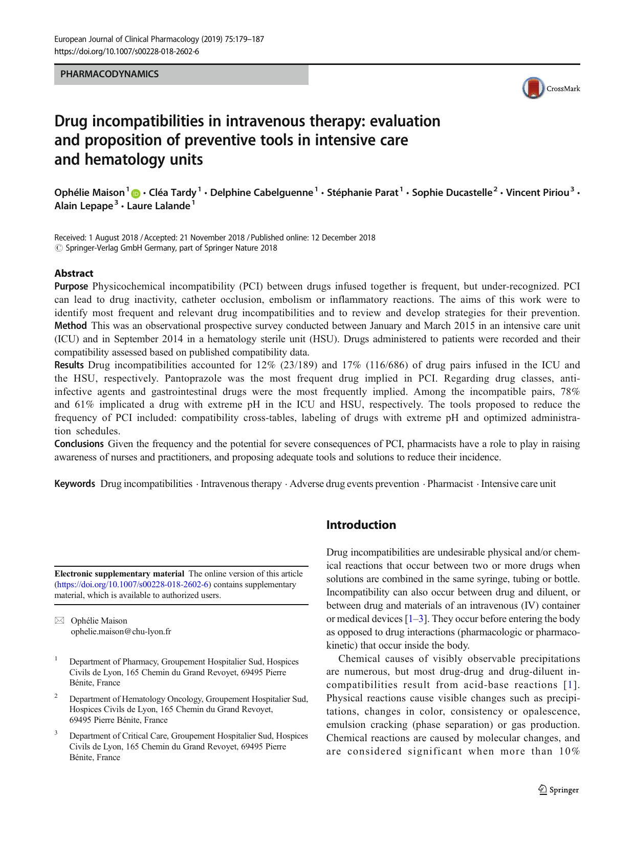 Drug incompatibilities in intravenous therapy: evaluation and proposition of preventive tools in intensive care and hematology units by unknow
