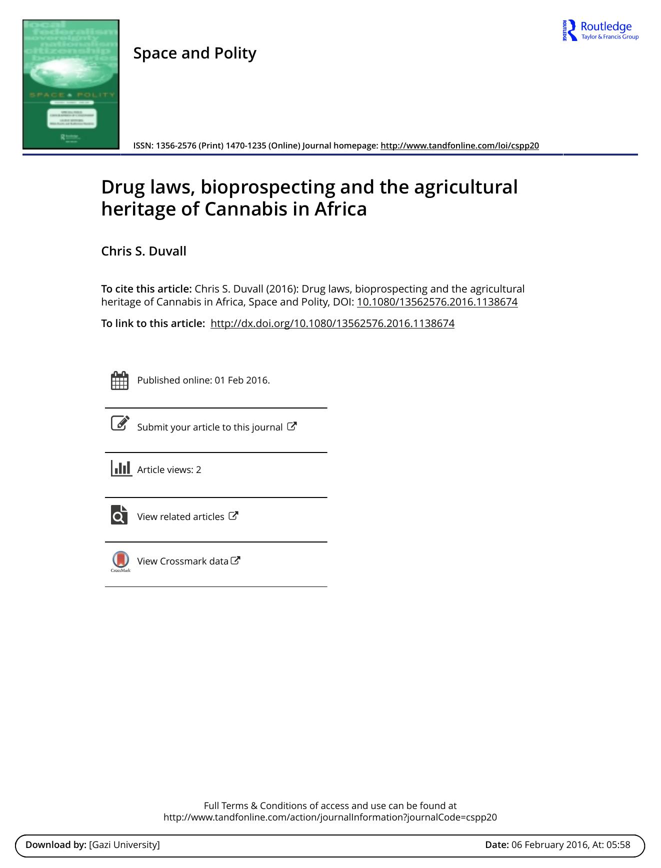 Drug laws, bioprospecting and the agricultural heritage of Cannabis in Africa by Chris S. Duvall