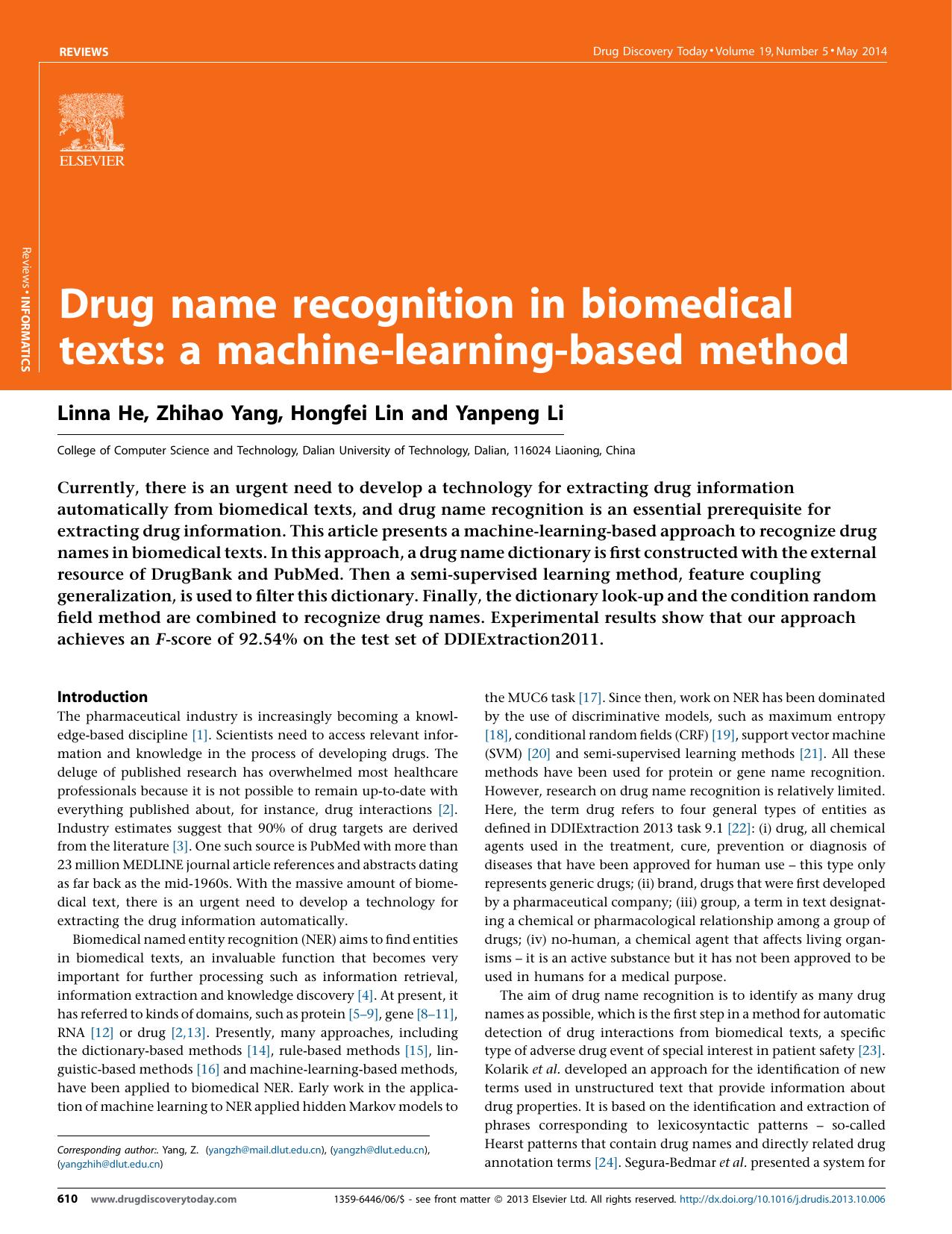 Drug name recognition in biomedical texts: a machine-learning-based method by Linna He & Zhihao Yang & Hongfei Lin & Yanpeng Li