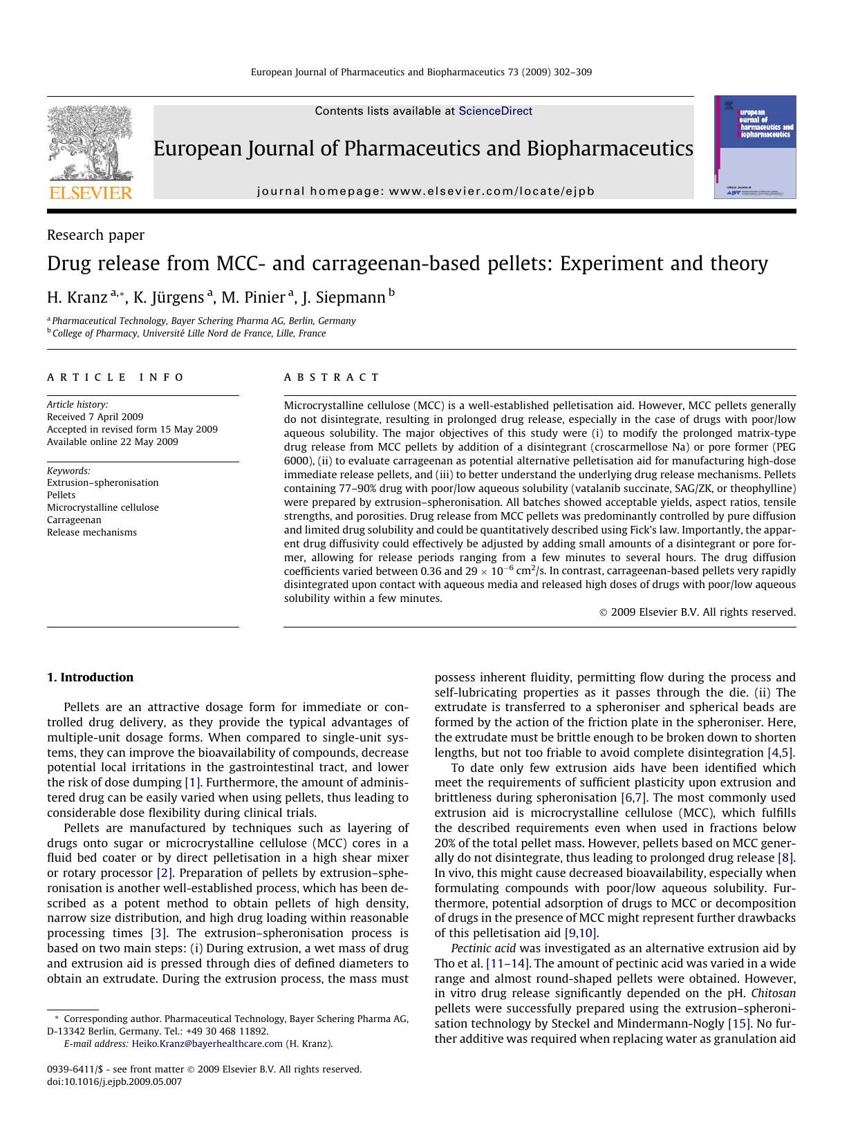 Drug release from MCC- and carrageenan-based pellets: Experiment and theory by H. Kranz; K. Jürgens; M. Pinier; J. Siepmann