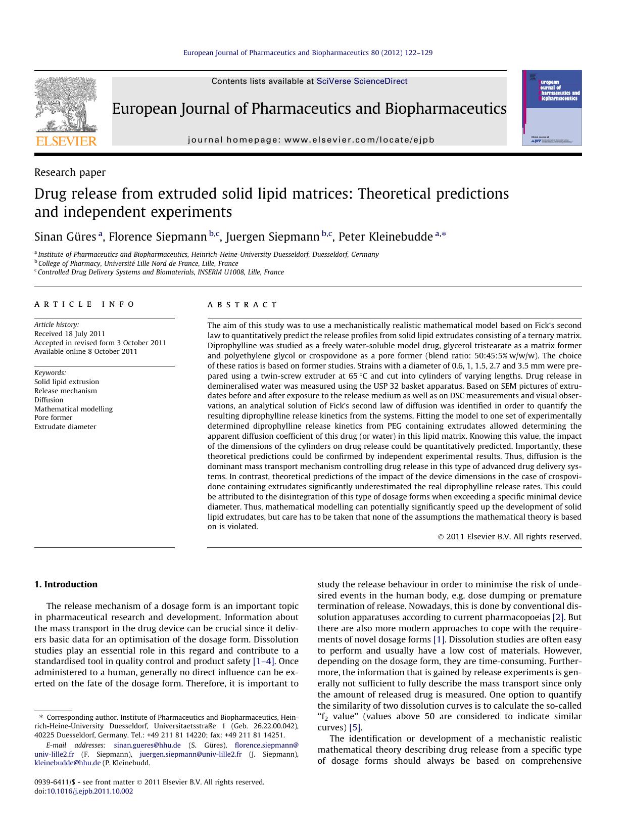 Drug release from extruded solid lipid matrices: Theoretical predictions and independent experiments by Sinan GÃ¼res & Florence Siepmann & Juergen Siepmann & Peter Kleinebudde