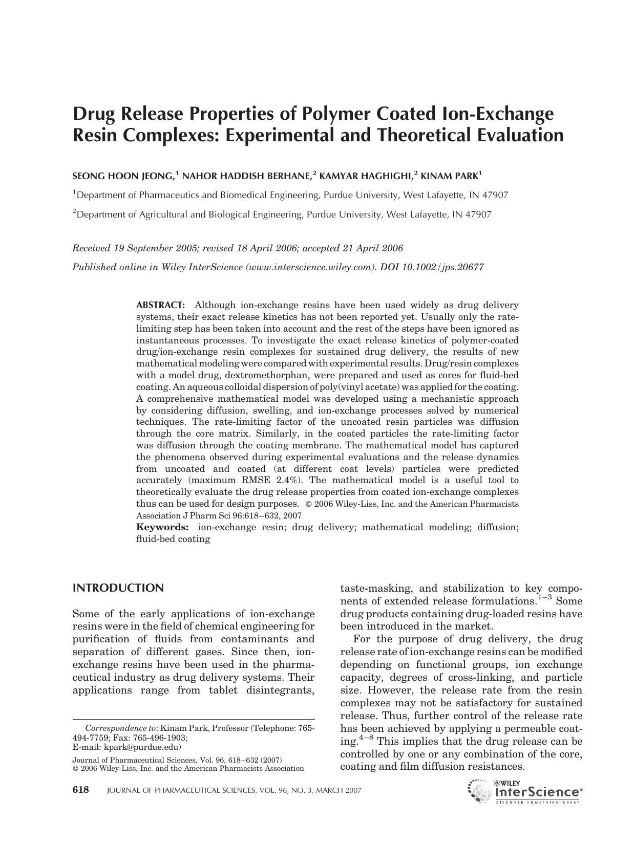 Drug release properties of polymer coated ion-exchange resin complexes: Experimental and theoretical evaluation by Unknown