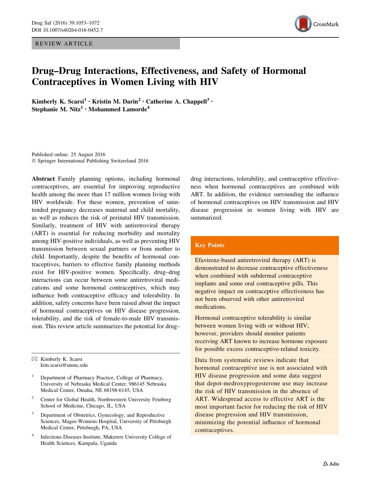 DrugâDrug Interactions, Effectiveness, and Safety of Hormonal Contraceptives in Women Living with HIV by Kimberly K. Scarsi & Kristin M. Darin & Catherine A. Chappell & Stephanie M. Nitz & Mohammed Lamorde