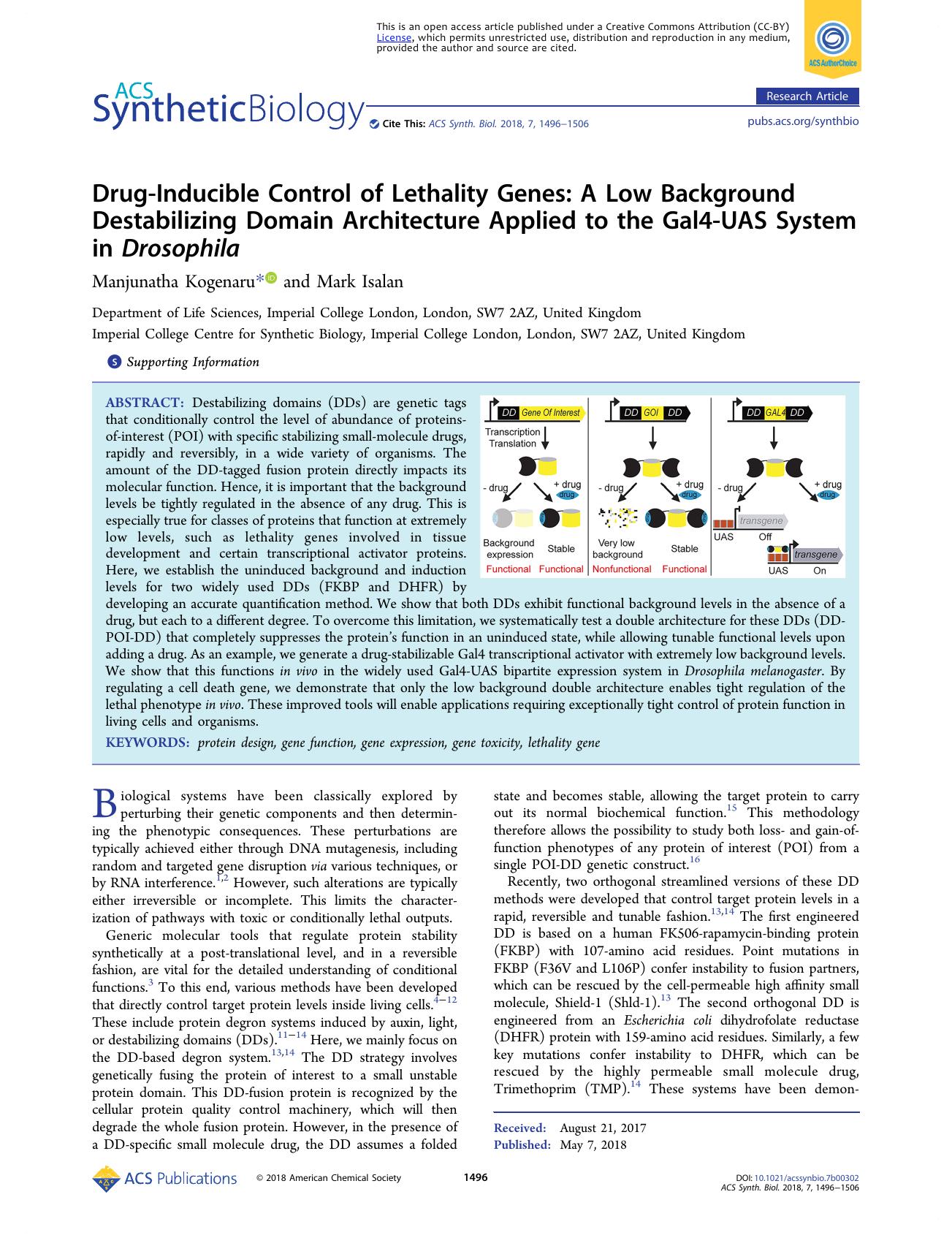 Drug-Inducible Control of Lethality Genes: A Low Background Destabilizing Domain Architecture Applied to the Gal4-UAS System in Drosophila by Manjunatha Kogenaru and Mark Isalan