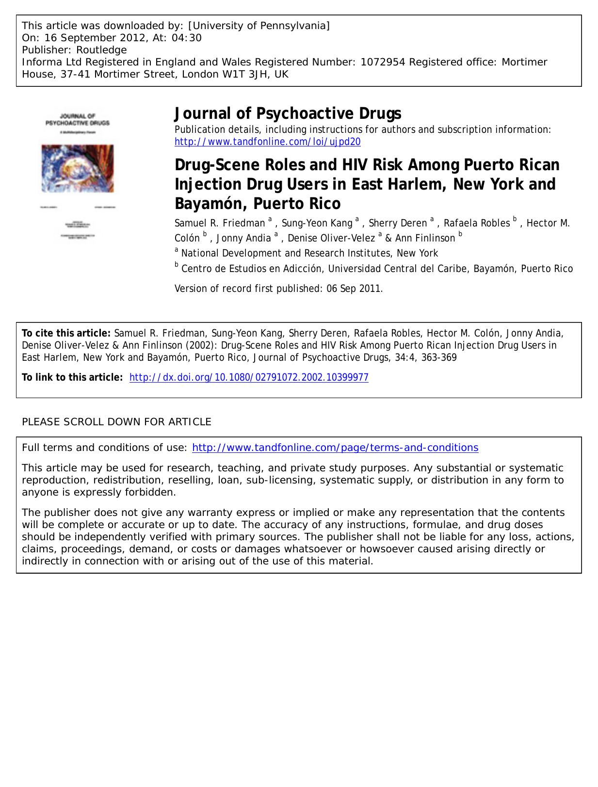 Drug-Scene Roles and HIV Risk Among Puerto Rican Injection Drug Users in East Harlem, New York and BayamÃ³n, Puerto Rico by unknow