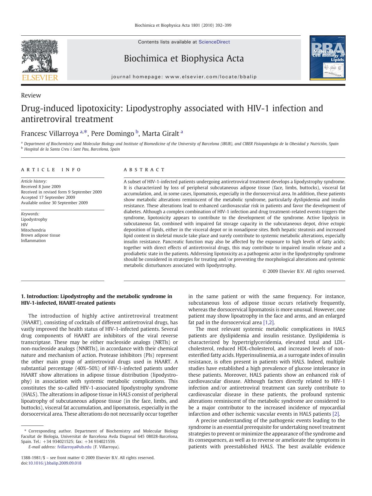 Drug-induced lipotoxicity: Lipodystrophy associated with HIV-1 infection and antiretroviral treatment by Francesc Villarroya; Pere Domingo; Marta Giralt