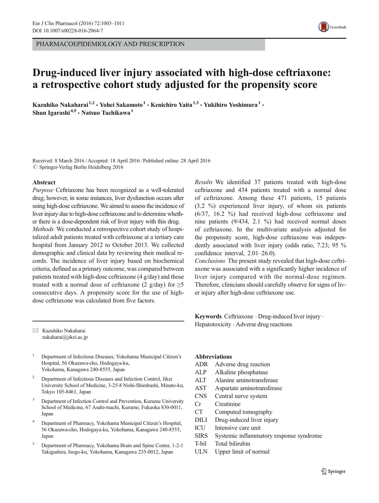 Drug-induced liver injury associated with high-dose ceftriaxone: a retrospective cohort study adjusted for the propensity score by unknow
