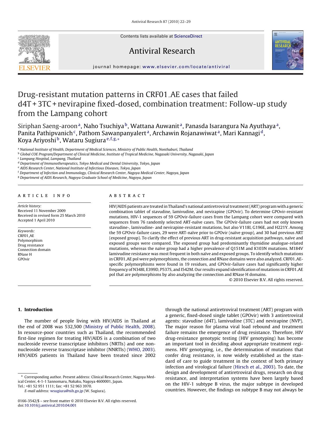 Drug-resistant mutation patterns in CRF01_AE cases that failed d4T+3TC+nevirapine fixed-dosed, combination treatment: Follow-up study from the Lampang cohort by unknow