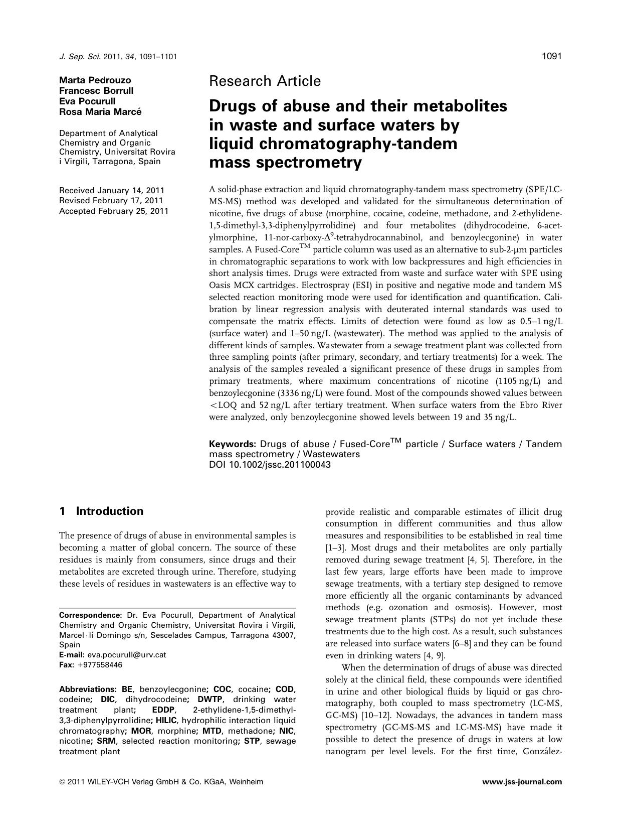 Drugs of abuse and their metabolites in waste and surface waters by liquid chromatographytandem mass spectrometry by Unknown