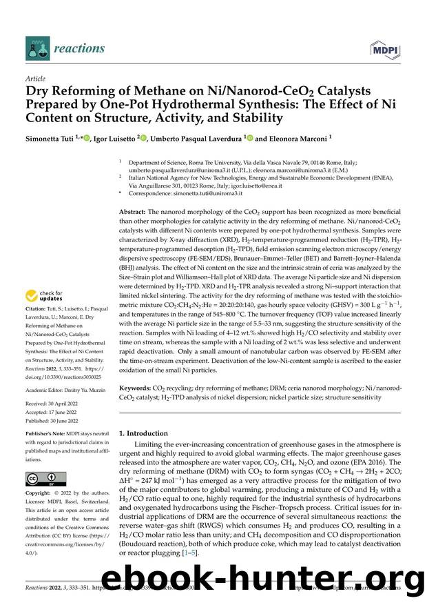 Dry Reforming of Methane on NiNanorod-CeO2 Catalysts Prepared by One-Pot Hydrothermal Synthesis: The Effect of Ni Content on Structure, Activity, and Stability by Simonetta Tuti Igor Luisetto Umberto Pasqual Laverdura & Eleonora Marconi