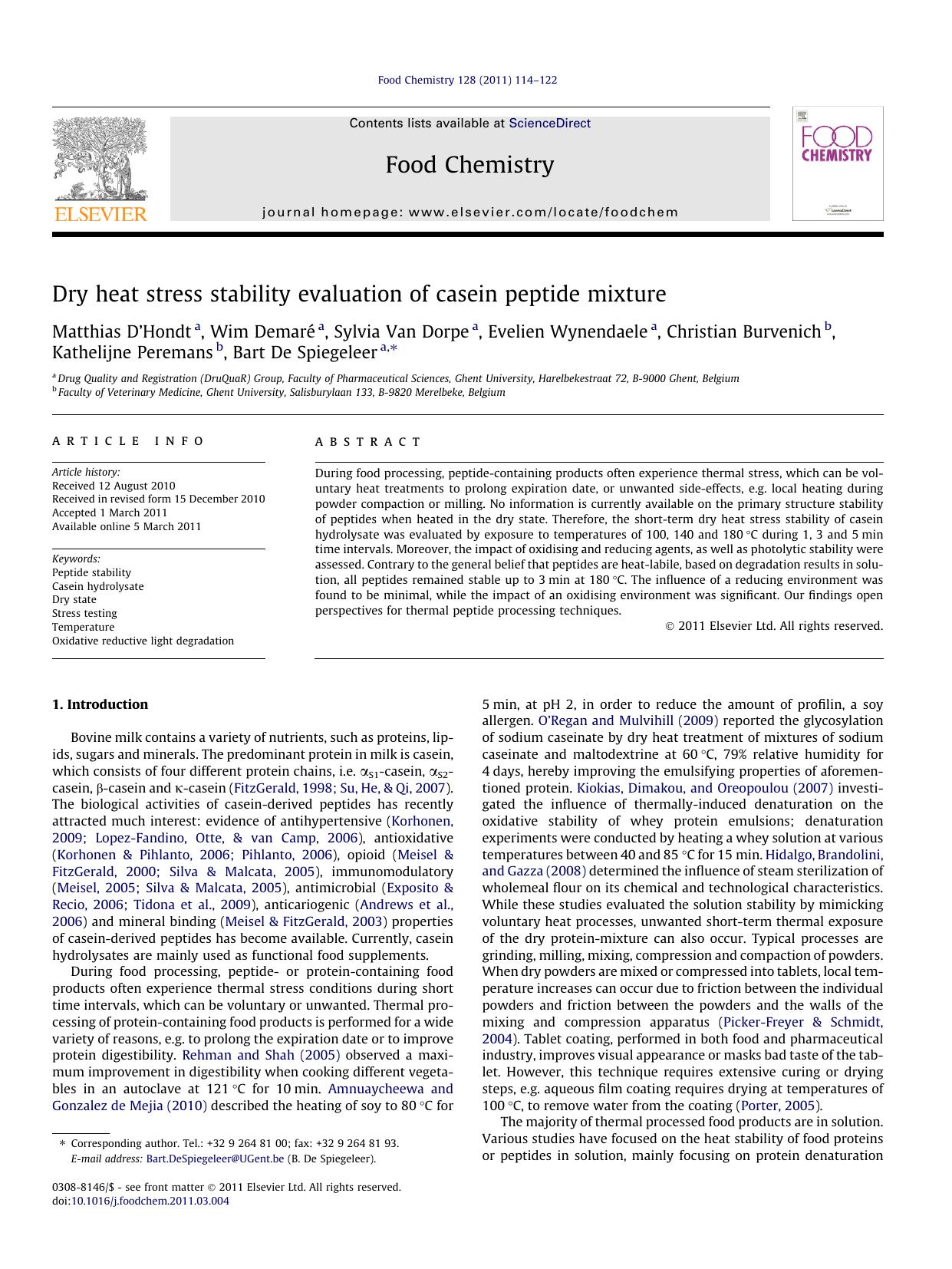Dry heat stress stability evaluation of casein peptide mixture by unknow