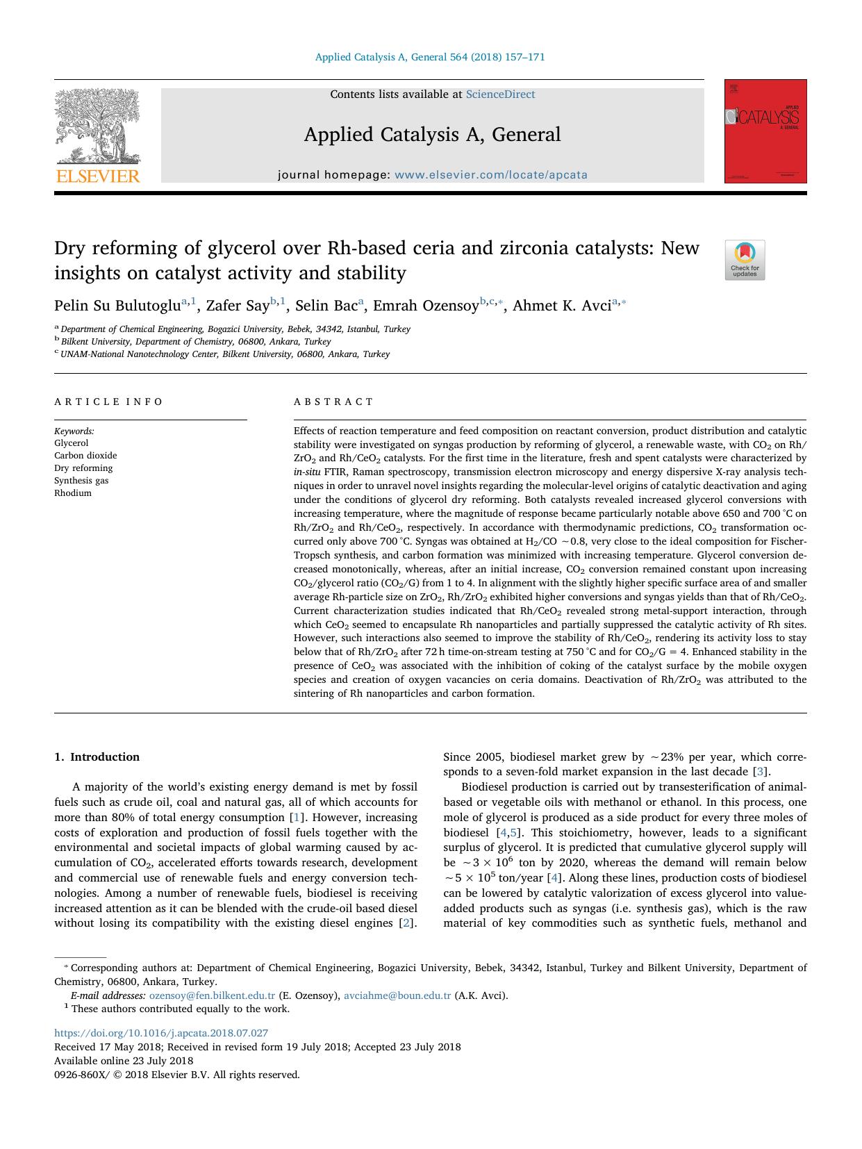 Dry reforming of glycerol over Rh-based ceria and zirconia catalysts_ New insights on catalyst activity and stability by Pelin Su Bulutoglu & Zafer Say & Selin Bac & Emrah Ozensoy & Ahmet K. Avci