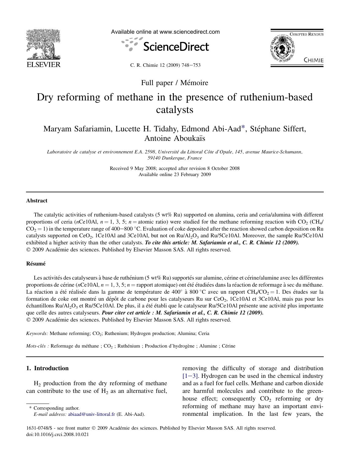 Dry reforming of methane in the presence of ruthenium-based catalysts by Maryam Safariamin; Lucette H. Tidahy; Edmond Abi-Aad; StEphane Siffert; Antoine AboukaIs
