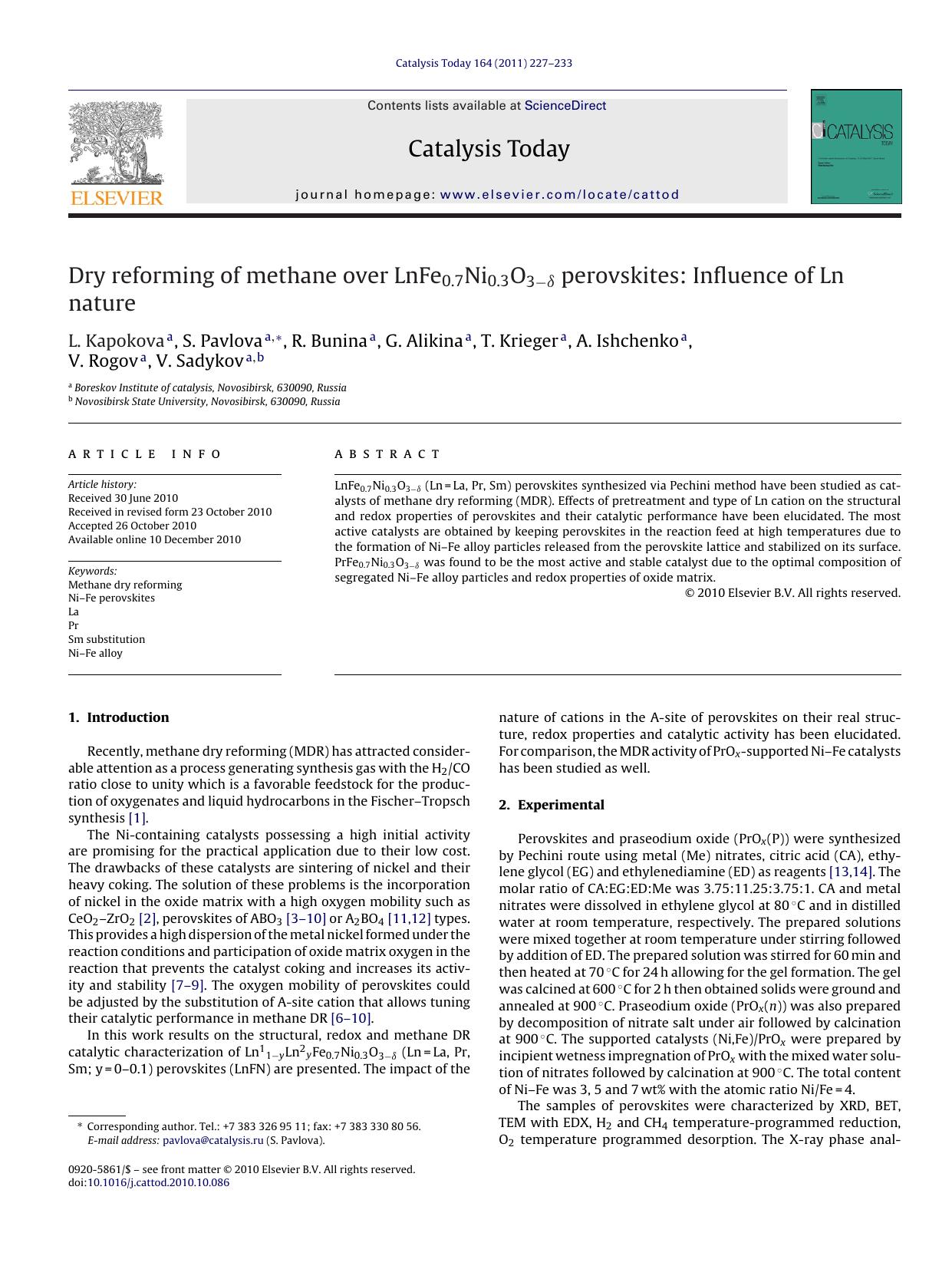 Dry reforming of methane over LnFe0.7Ni0.3O3Ã¢ËâÃÂ´ perovskites: Influence of Ln nature by L. Kapokova