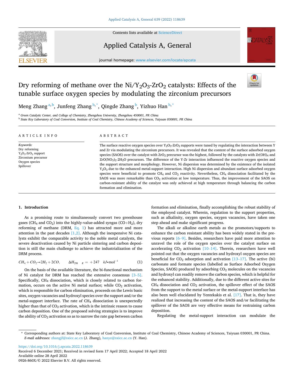 Dry reforming of methane over the NiY2O3-ZrO2 catalysts: Effects of the tunable surface oxygen species by modulating the zirconium precursors by Meng Zhang & Junfeng Zhang & Qingde Zhang & Yizhuo Han