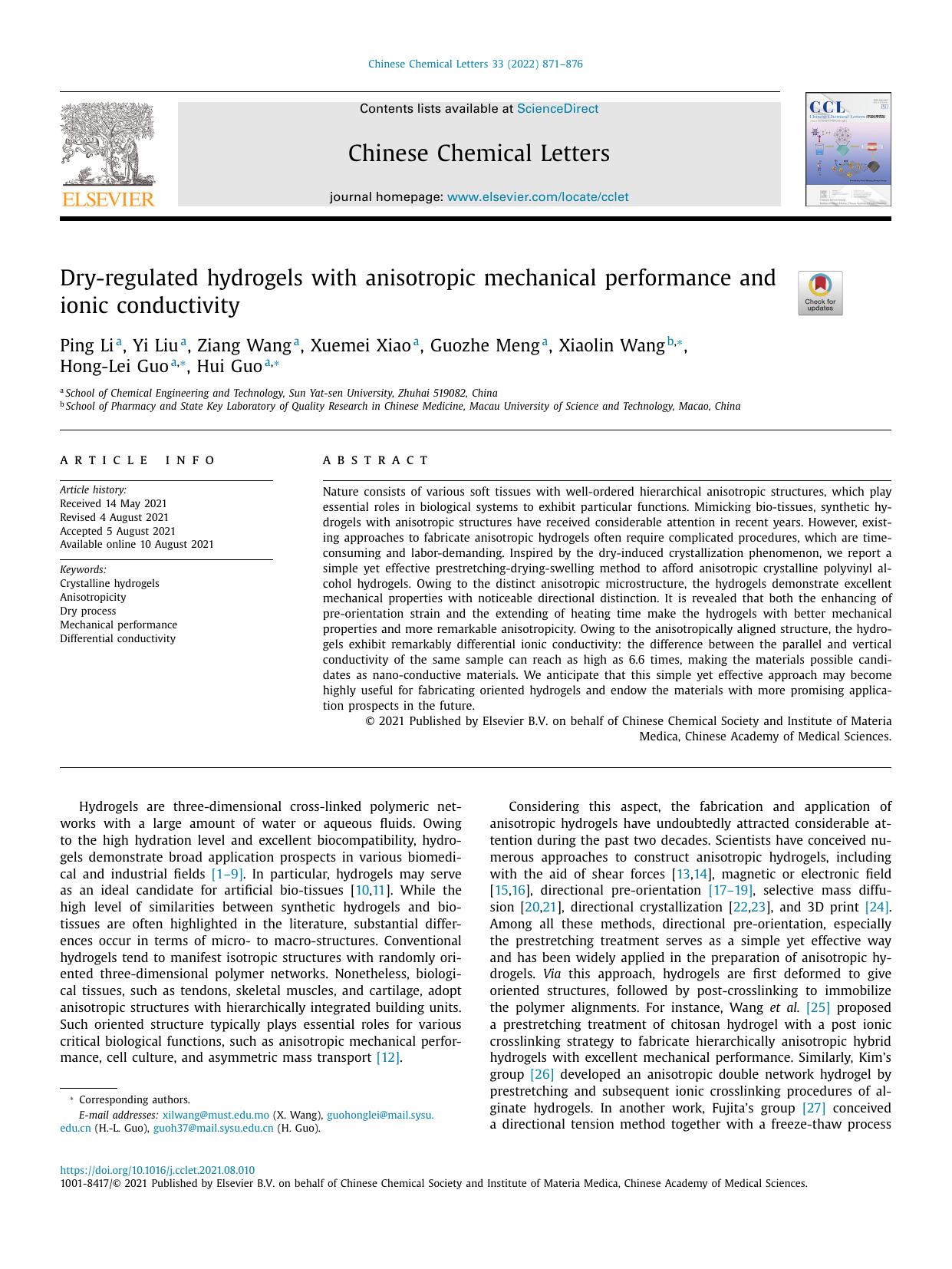 Dry-regulated hydrogels with anisotropic mechanical performance and ionic conductivity by Ping Li & Yi Liu & Ziang Wang & Xuemei Xiao & Guozhe Meng & Xiaolin Wang & Hong-Lei Guo & Hui Guo