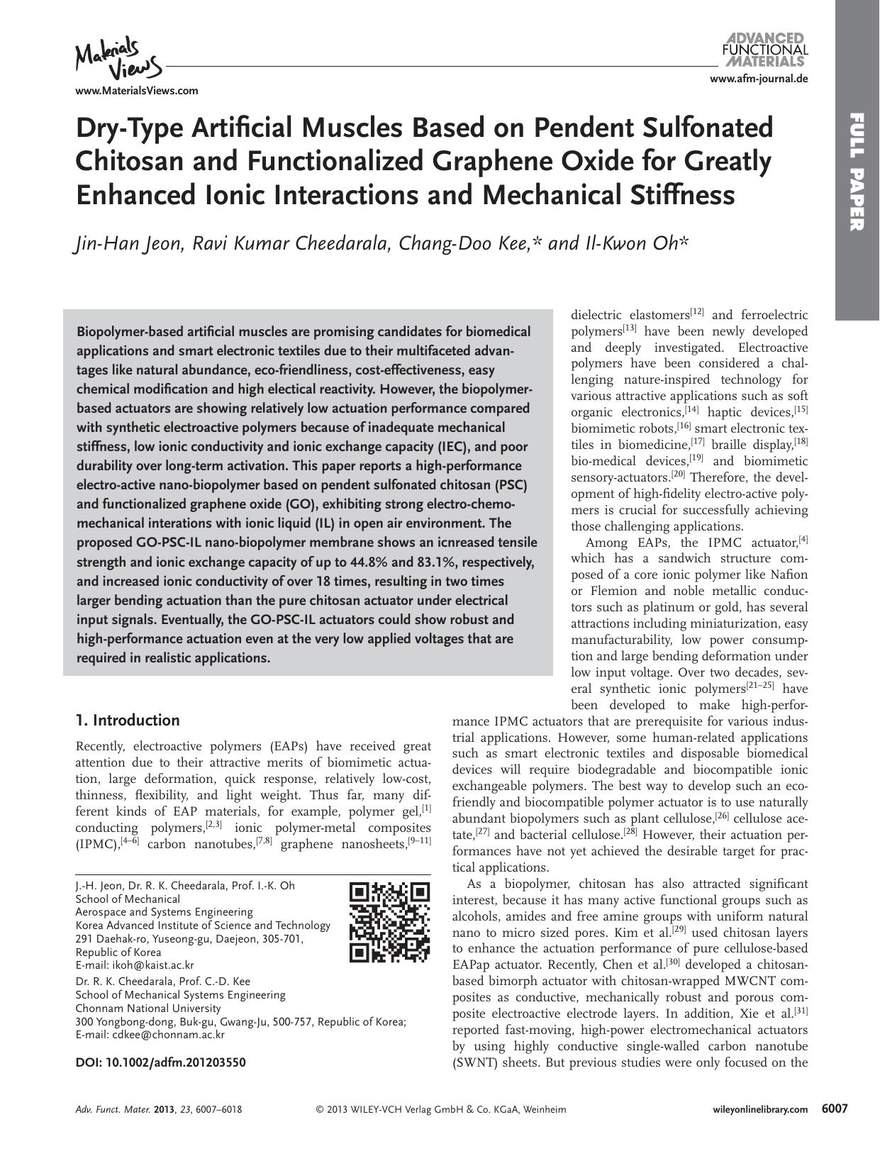 DryType Artificial Muscles Based on Pendent Sulfonated Chitosan and Functionalized Graphene Oxide for Greatly Enhanced Ionic Interactions and Mechanical Stiffness by s-w-270