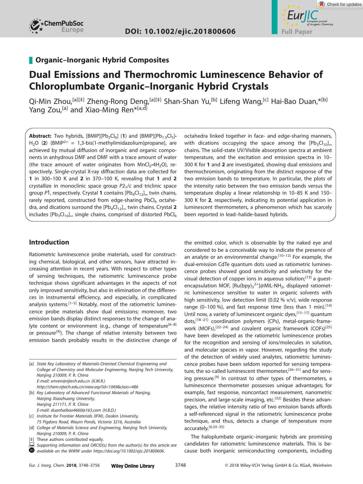 Dual Emissions and Thermochromic Luminescence Behavior of Chloroplumbate OrganicâInorganic Hybrid Crystals by Unknown