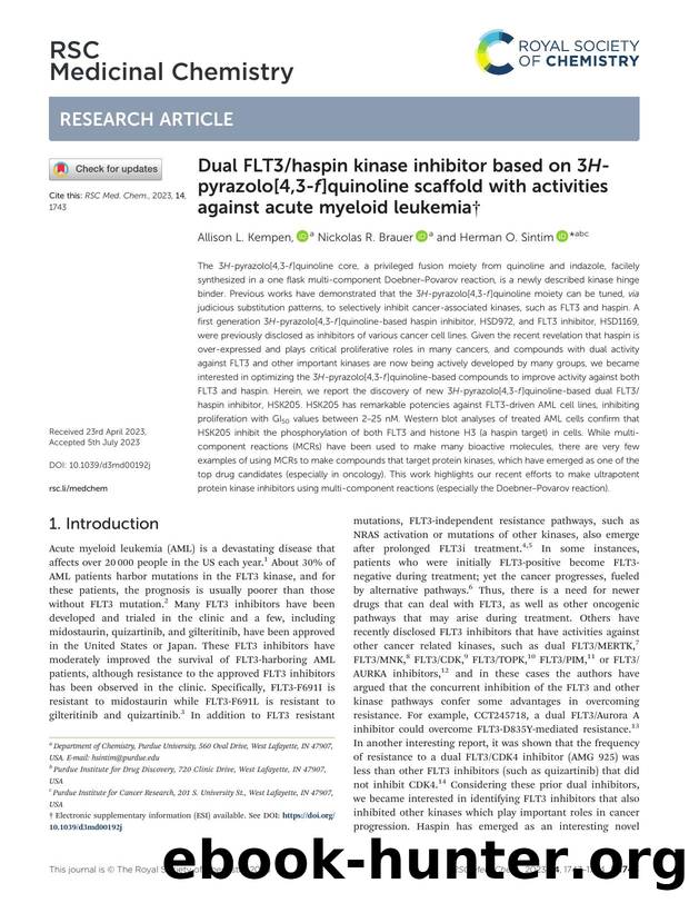 Dual FLT3haspin kinase inhibitor based on 3H-pyrazolo[4,3-f]quinoline scaffold with activities against acute myeloid leukemia by Allison L. Kempen & Nickolas R. Brauer & Herman O. Sintim