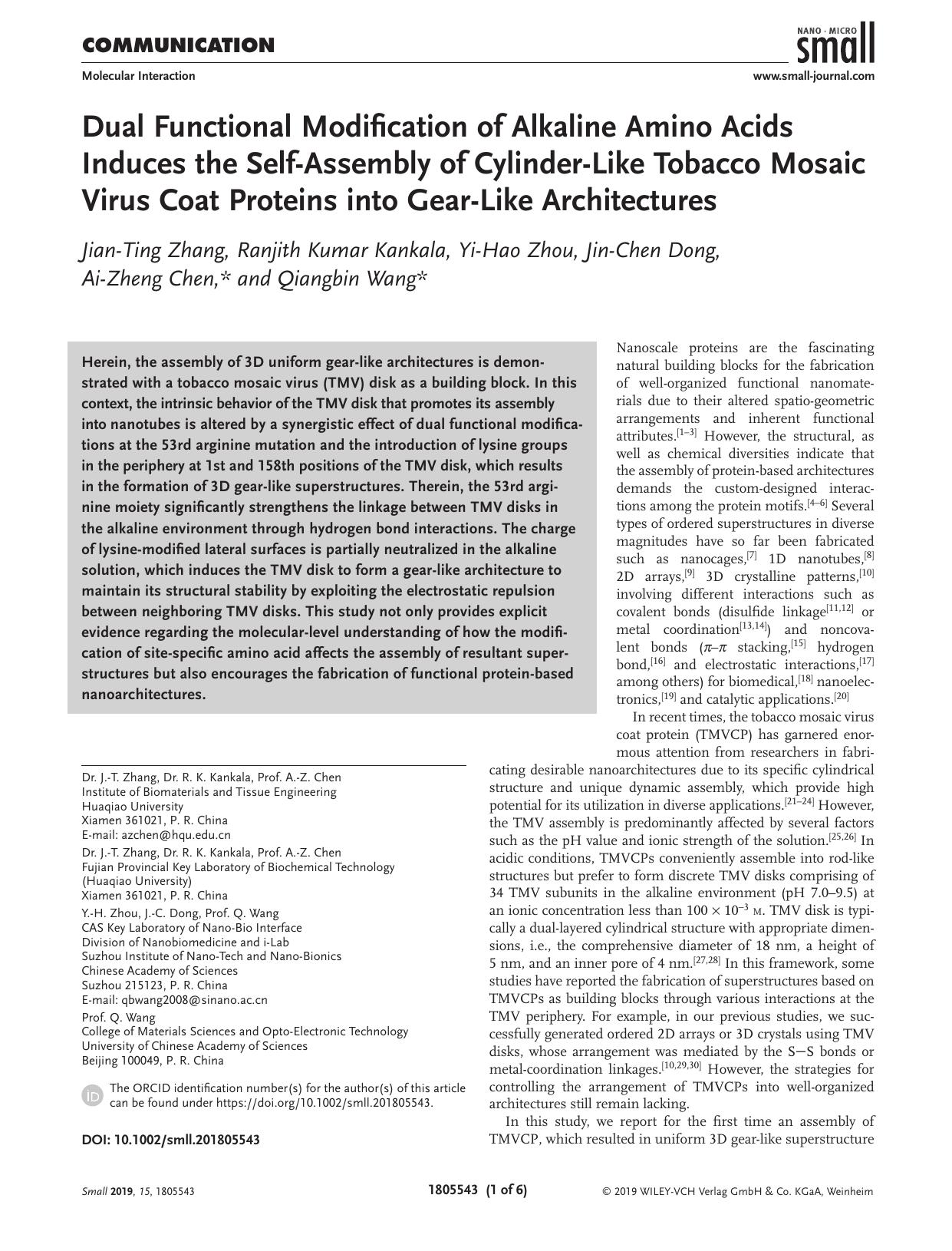 Dual Functional Modification of Alkaline Amino Acids Induces the Self‐Assembly of Cylinder‐Like Tobacco Mosaic Virus Coat Proteins into Gear‐Like Architectures by Unknown