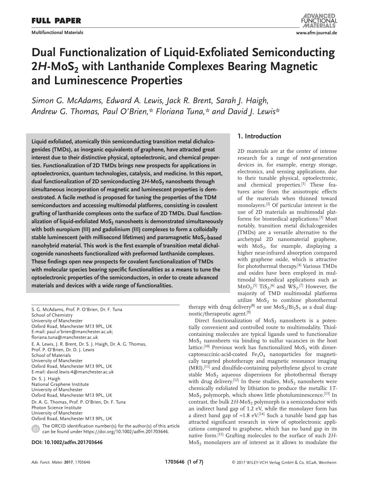 Dual Functionalization of Liquid&#x02010;Exfoliated Semiconducting 2H&#x02010;MoS2 with Lanthanide Complexes Bearing Magnetic and Luminescence Properties by Unknown