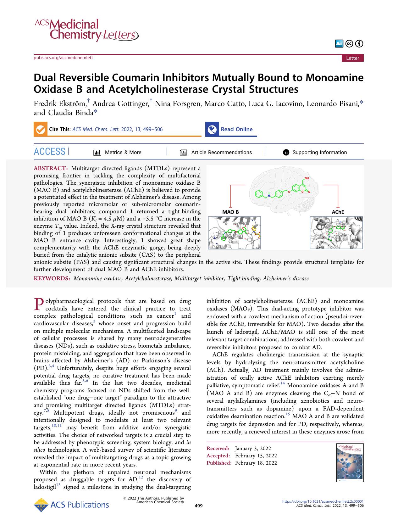 Dual Reversible Coumarin Inhibitors Mutually Bound to Monoamine Oxidase B and Acetylcholinesterase Crystal Structures by unknow