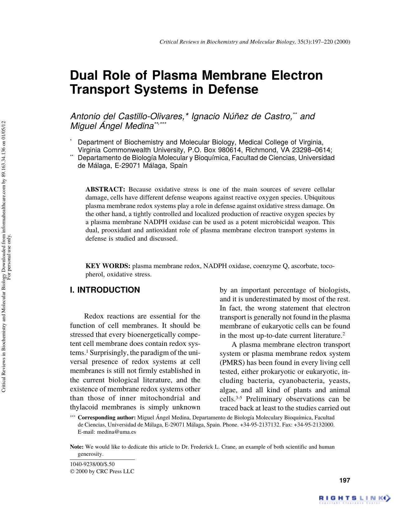 Dual Role of Plasma Membrane Electron Transport Systems in Defense by Antonio del Castillo-Olivares Ignacio Núñez de Castro & Miguel Ángel Medina