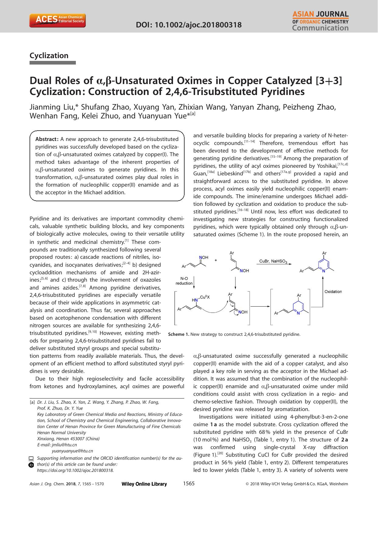 Dual Roles of Î±,Î²âUnsaturated Oximes in Copper Catalyzed [3+3] Cyclization: Construction of 2,4,6âTrisubstituted Pyridines by Unknown