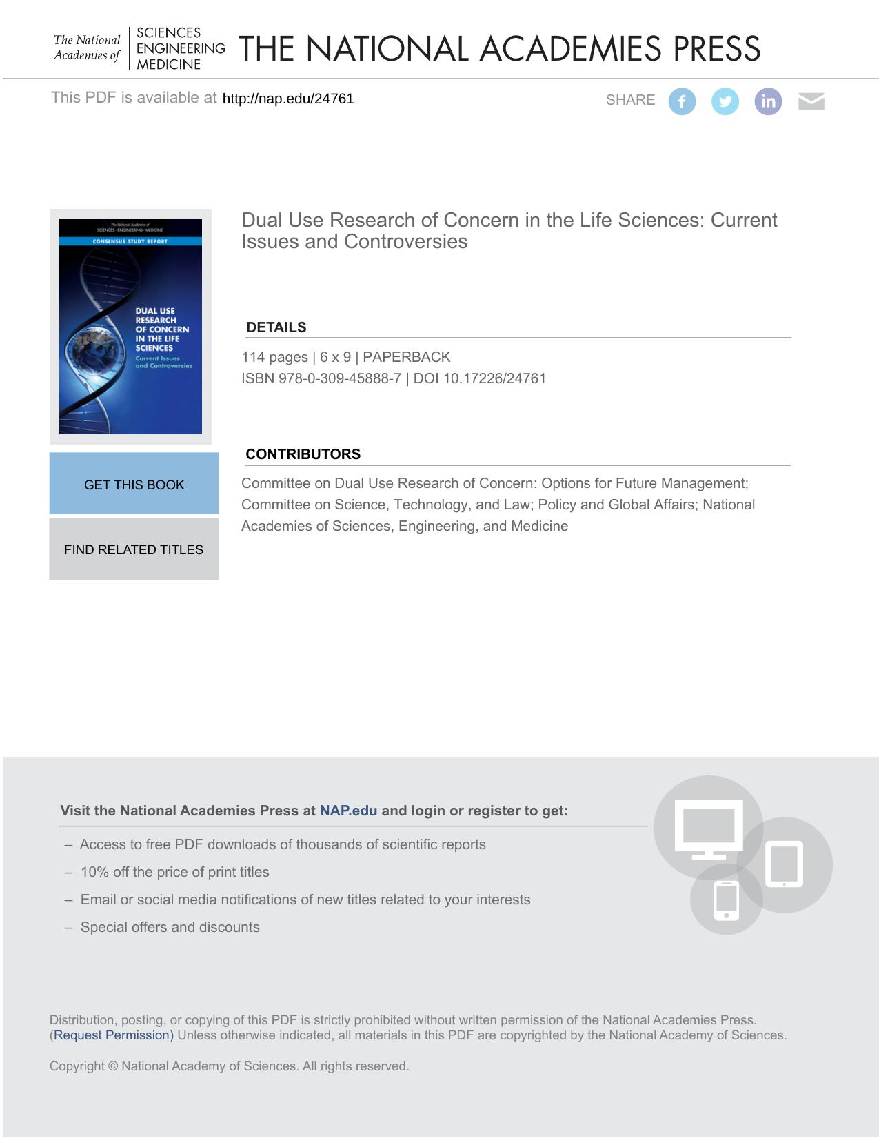 Dual Use Research of Concern in the Life Sciences: Current Issues and Controversies by unknow