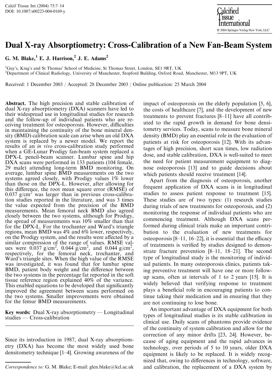 Dual X-ray Absorptiometry: Cross-Calibration of a New Fan-Beam System by Blake G.M. et al