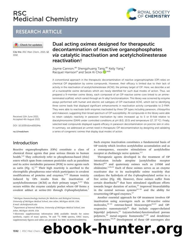 Dual acting oximes designed for therapeutic decontamination of reactive organophosphates via catalytic inactivation and acetylcholinesterase reactivation by Jayme Cannon & Shengzhuang Tang & Kelly Yang & Racquel Harrison & Seok Ki Choi