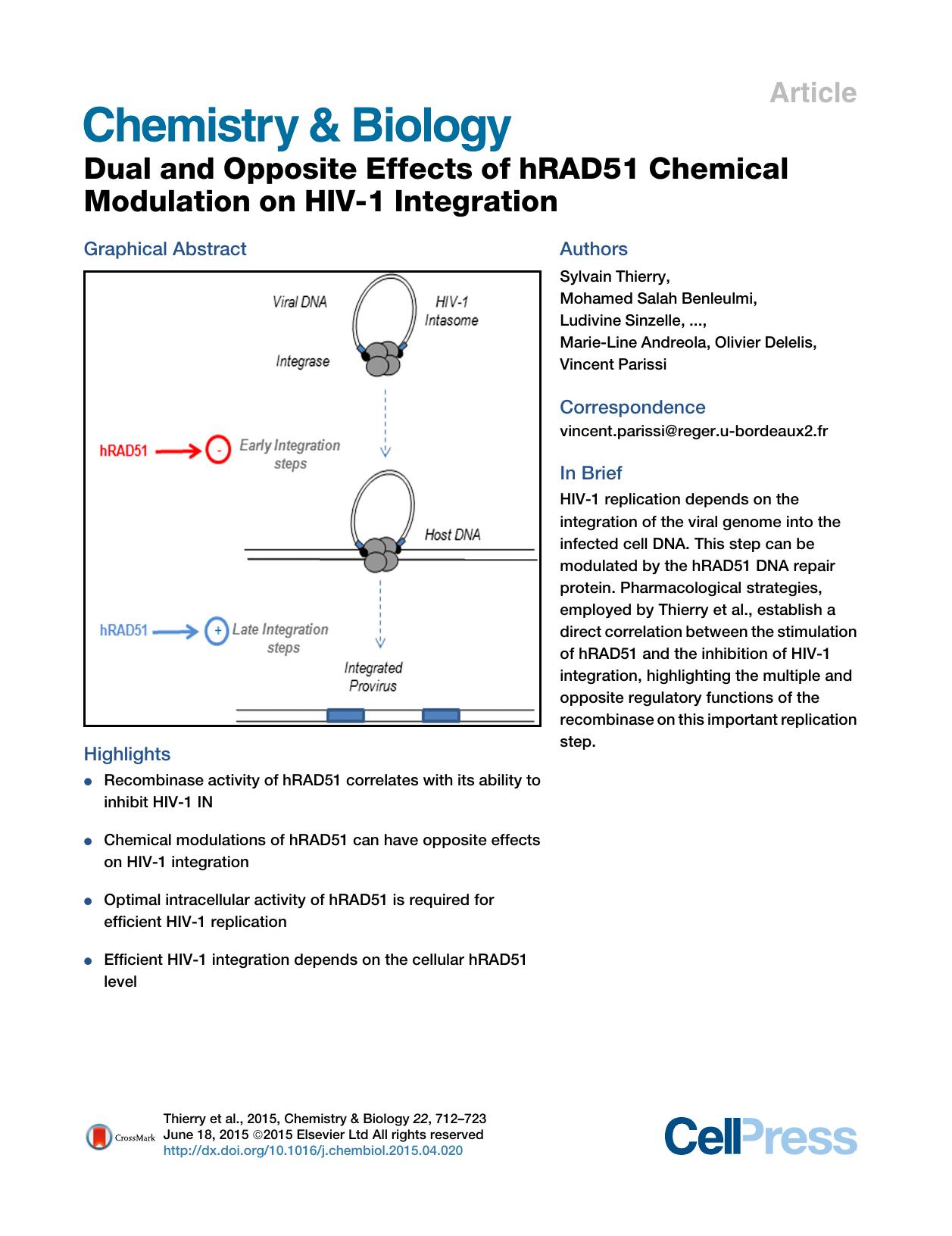 Dual and Opposite Effects of hRAD51 Chemical Modulation on HIV-1 Integration by unknow