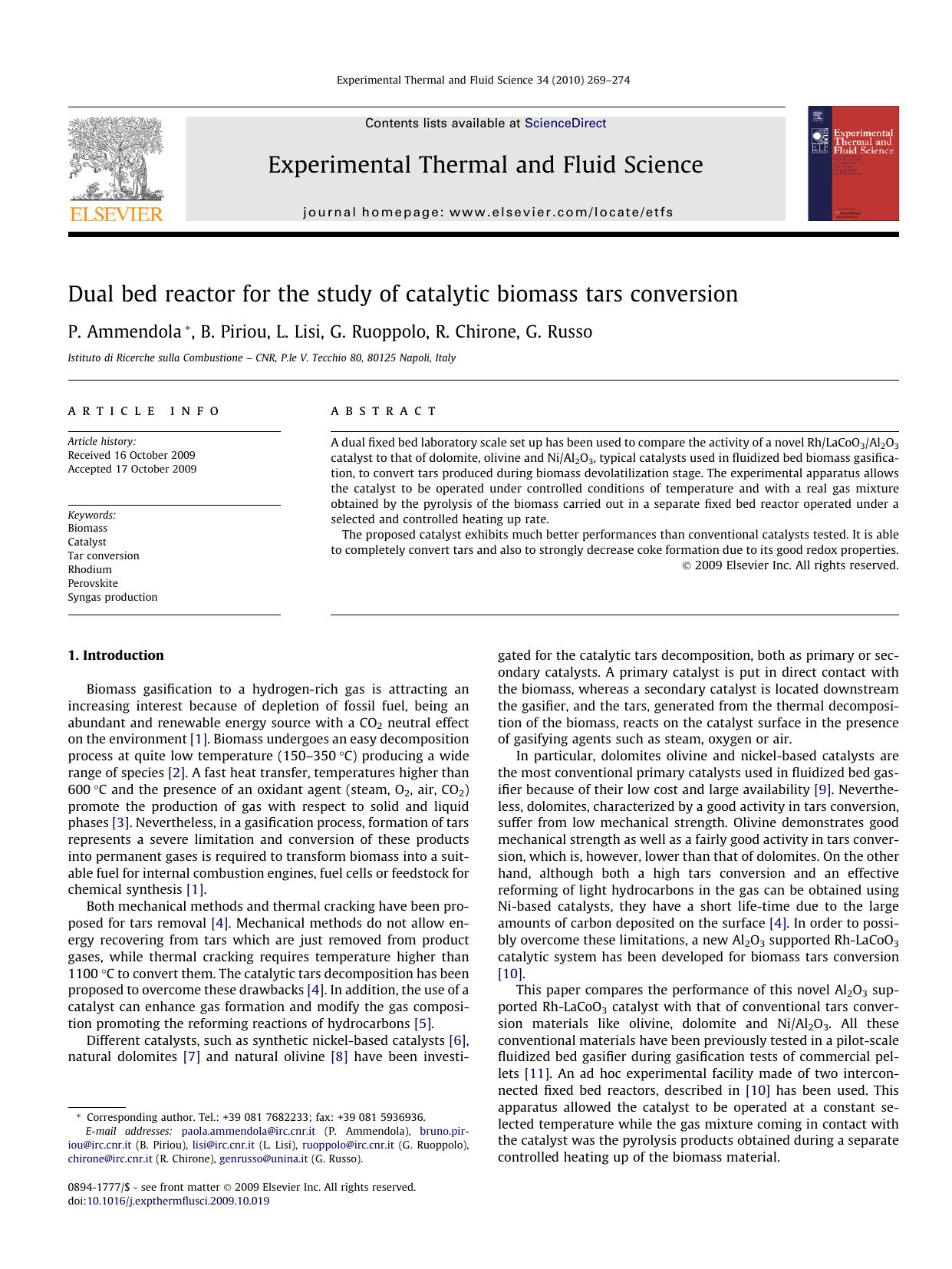 Dual bed reactor for the study of catalytic biomass tars conversion by P. Ammendola; B. Piriou; L. Lisi; G. Ruoppolo; R. Chirone; G. Russo