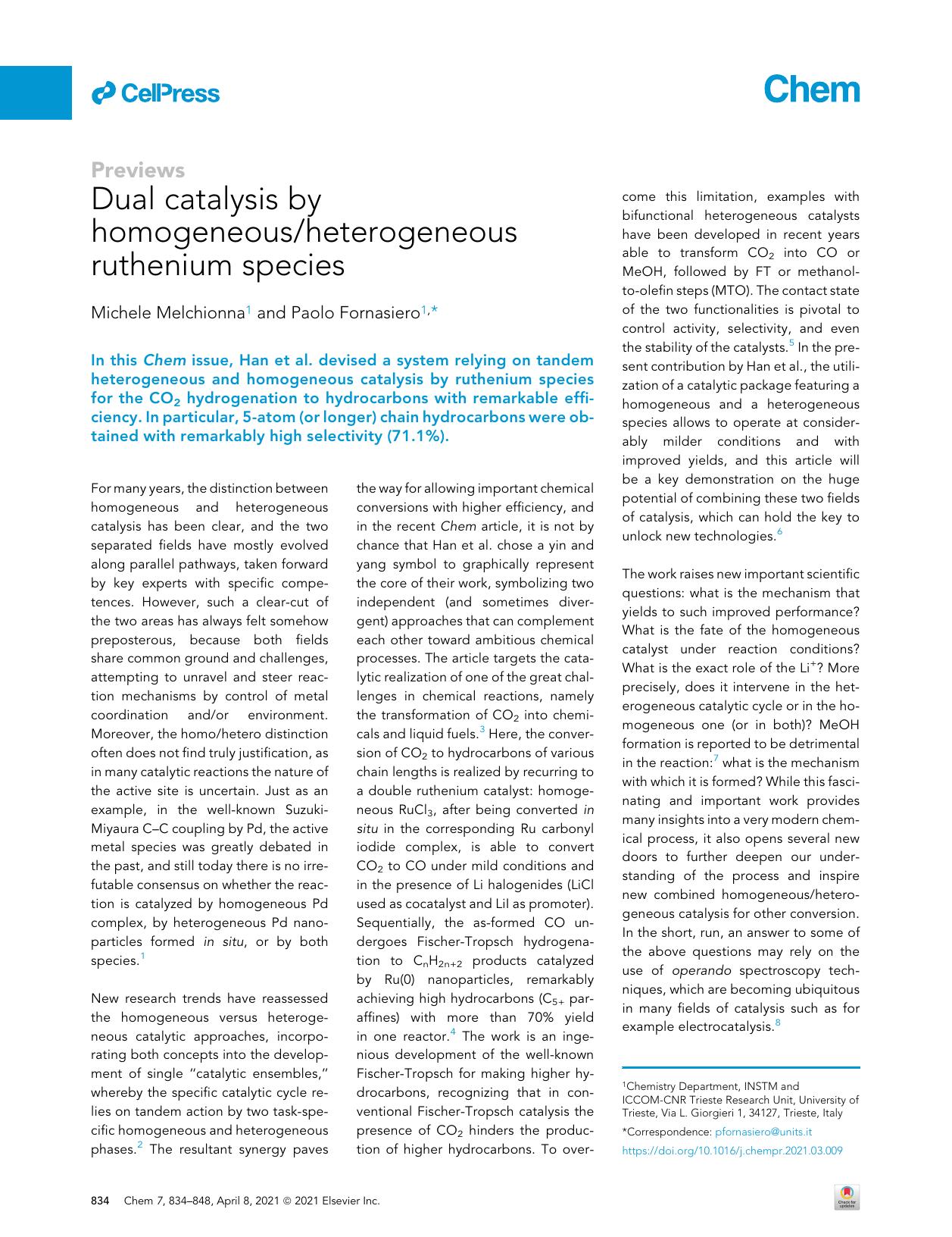 Dual catalysis by homogeneousheterogeneous ruthenium species by Michele Melchionna