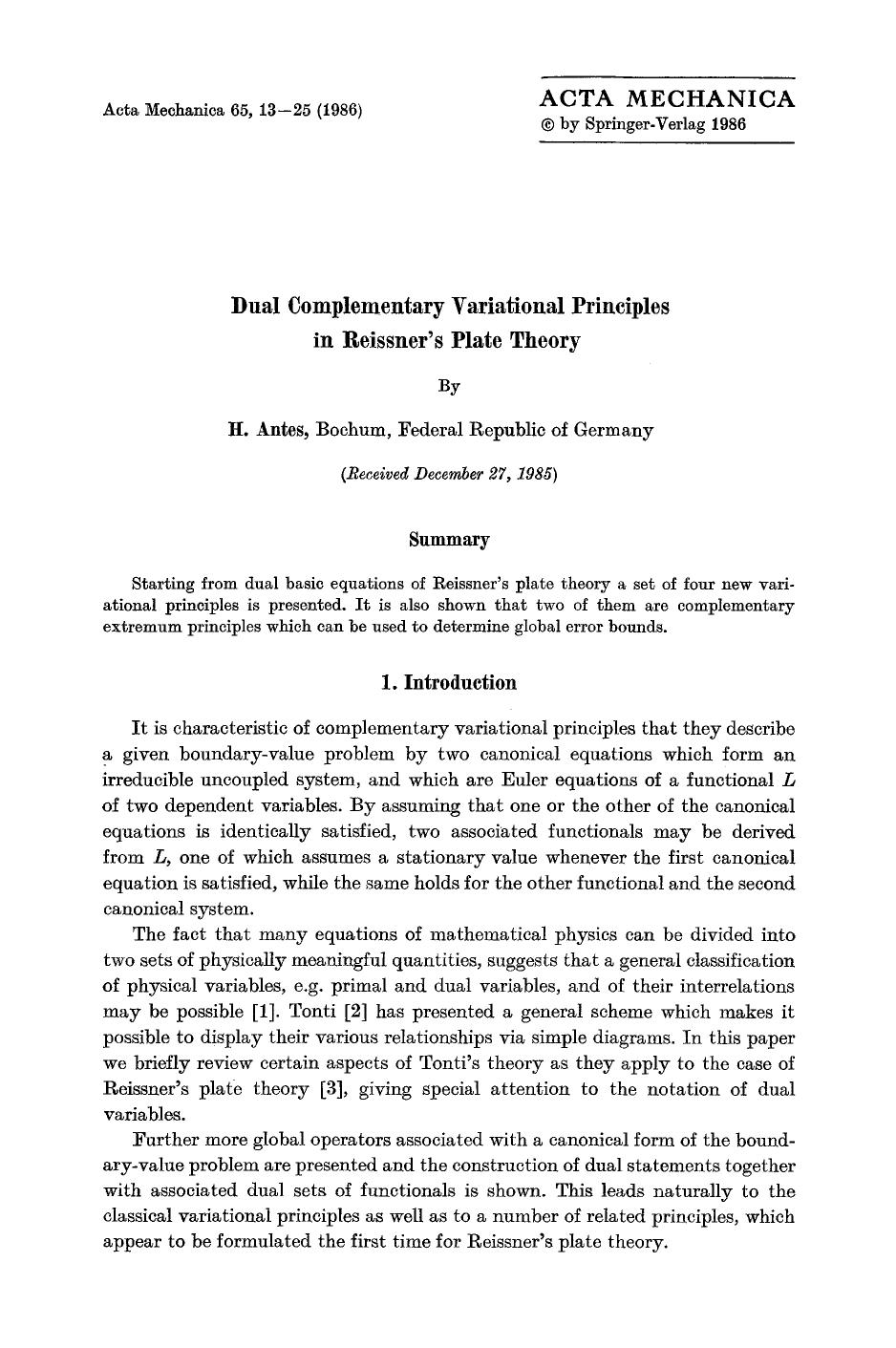 Dual complementary variational principles in Reissner's plate theory by Unknown