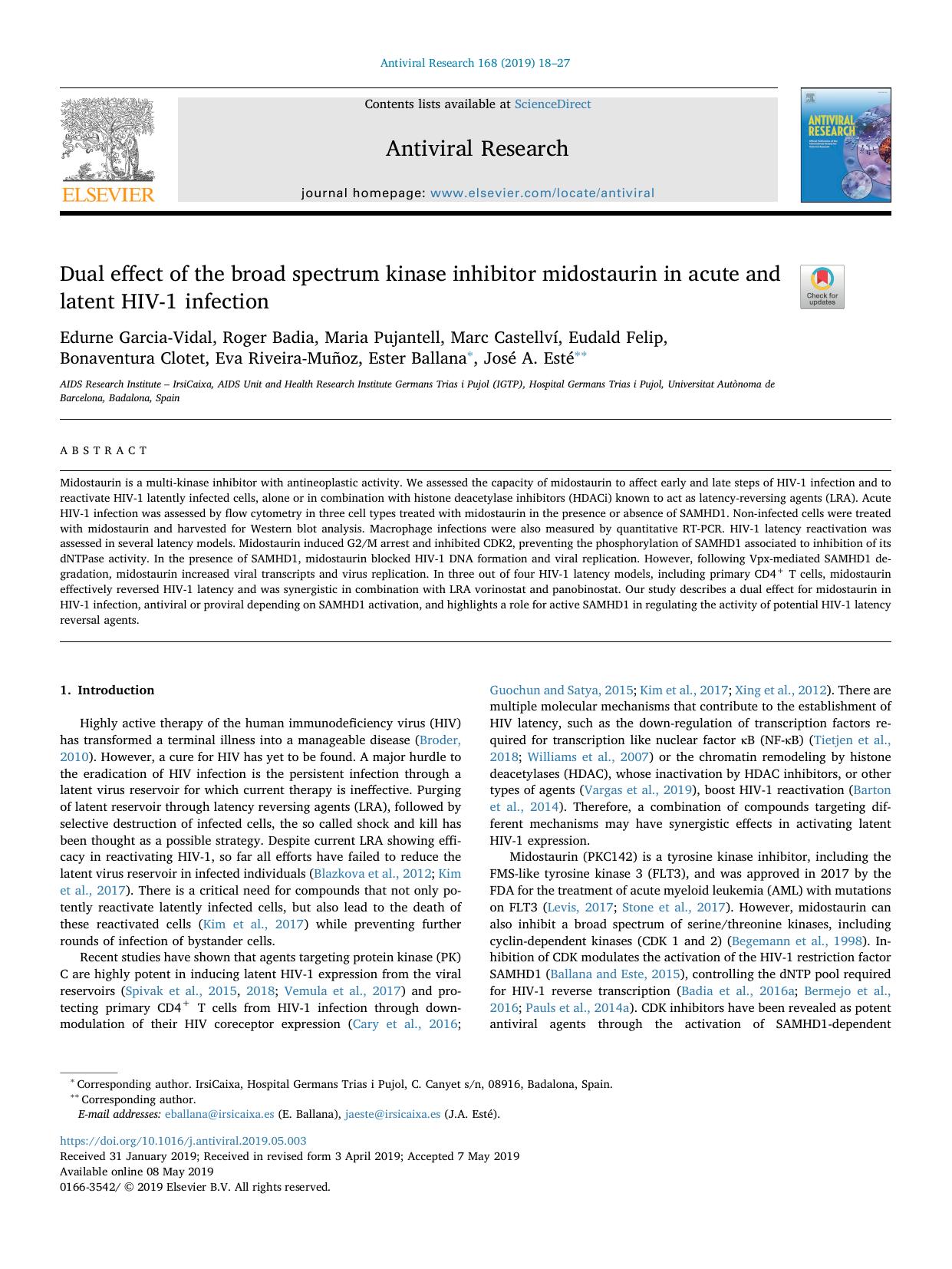 Dual effect of the broad spectrum kinase inhibitor midostaurin in acute and latent HIV-1 infection by unknow