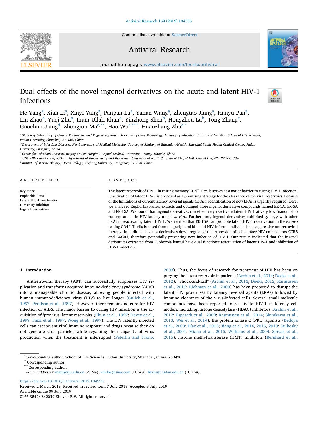 Dual effects of the novel ingenol derivatives on the acute and latent HIV-1 infections by unknow