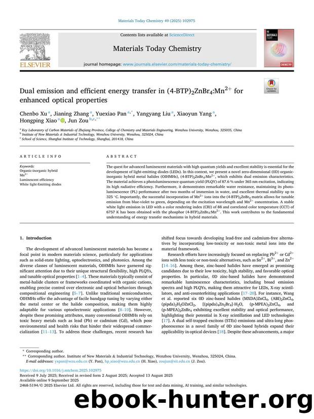 Dual emission and efficient energy transfer in (4-BTP)2ZnBr4:Mn2+ for enhanced optical properties by Chenbo Xu & Jianing Zhang & Yuexiao Pan & Yangyang Liu & Xiaoyun Yang & Hongping Xiao & Jun Zou