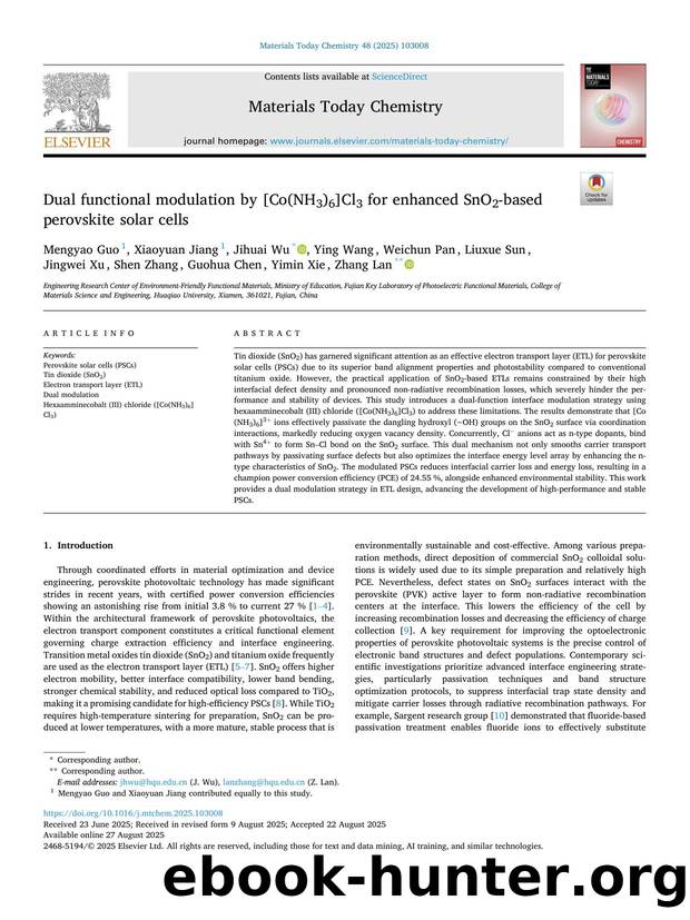 Dual functional modulation by [Co(NH3)6]Cl3 for enhanced SnO2-based perovskite solar cells by unknow