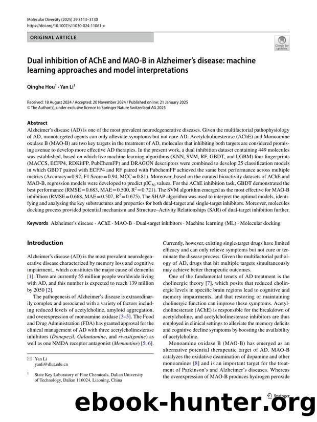 Dual inhibition of AChE and MAO-B in Alzheimerâs disease: machine learning approaches and model interpretations by Qinghe Hou & Yan Li